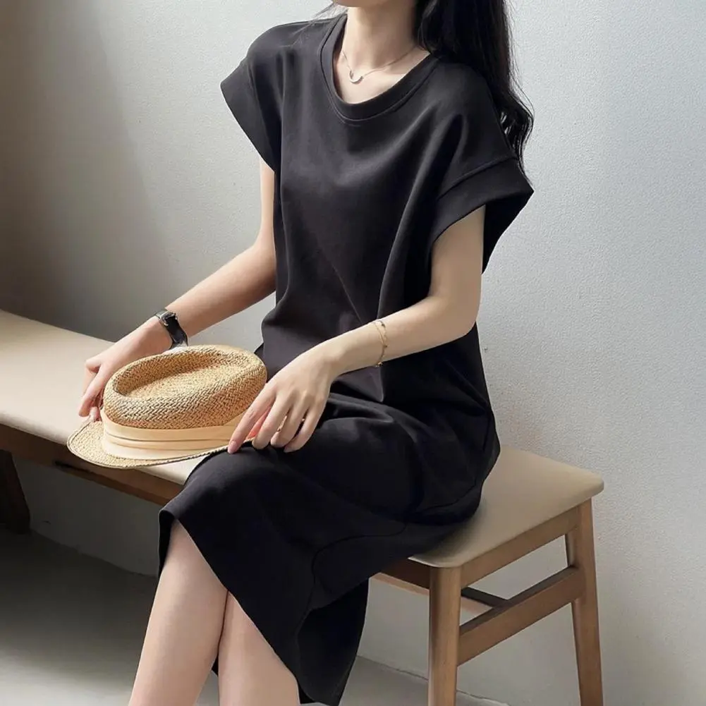 2025 New Women T-shirt Dress Round Neck Short Sleeve Loose Fit Casual Dress Solid Color Design Summer Dress Daily Wear