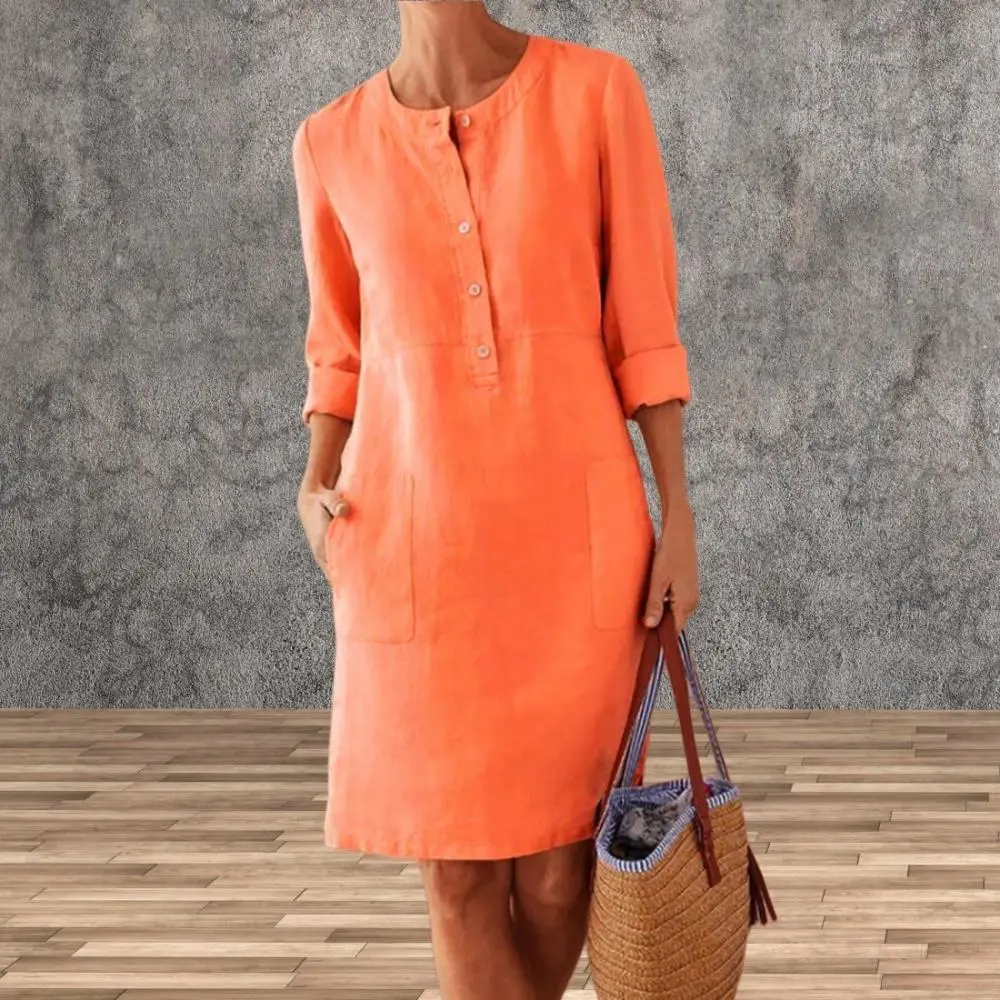 2025 Cotton And Linen Women Dres Casual Long Sleeve Buttons Pockets Linen Loose Knee-length Dress Bohemian style Midi dress