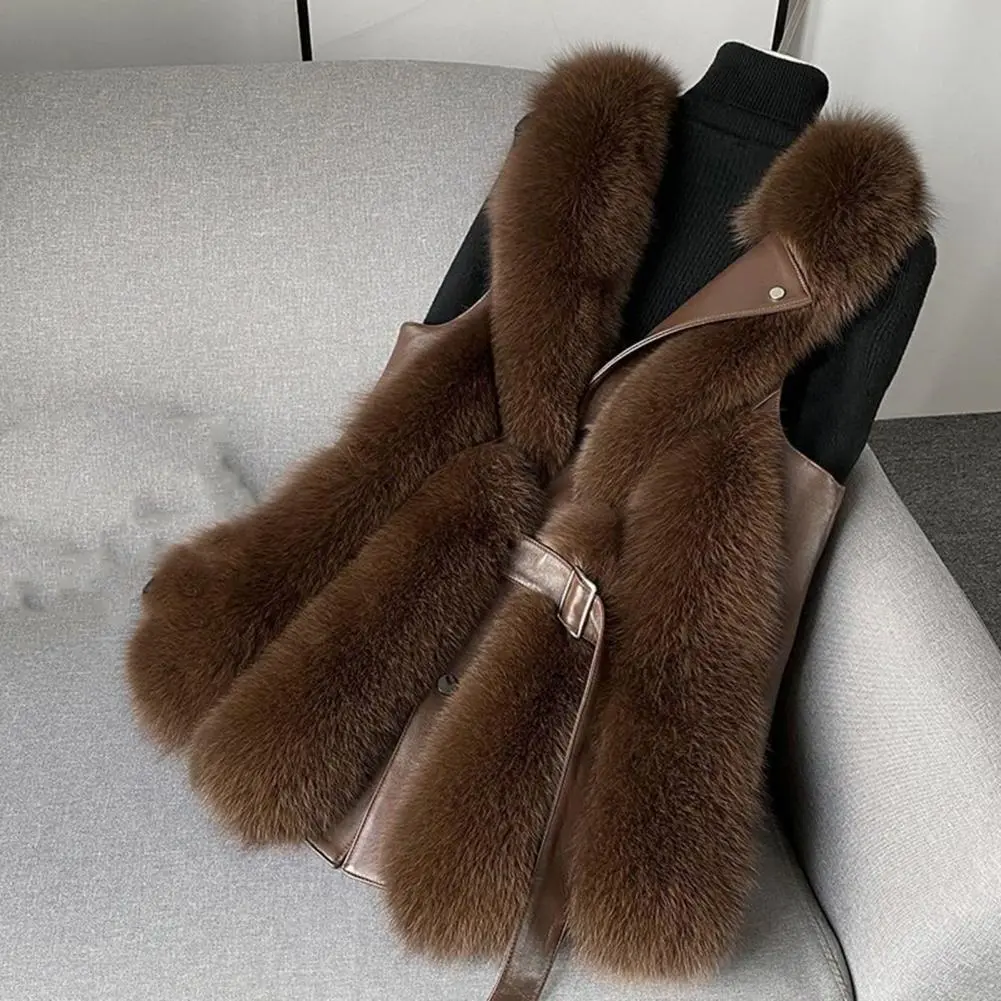Fluffy Faux Fur Women Vest Sleeveless Button Closure Belt Decor Plush Fuax Fox Fur Elegat Women Winter Waistcoat Fur Waistcoat