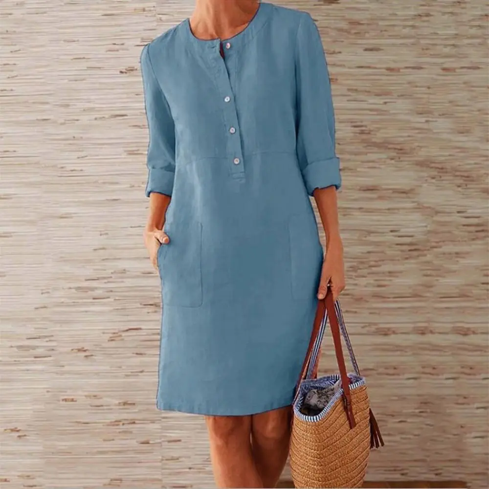 2025 Cotton And Linen Women Dres Casual Long Sleeve Buttons Pockets Linen Loose Knee-length Dress Bohemian style Midi dress
