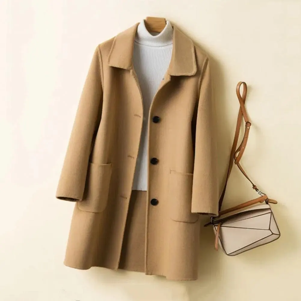 Women Woolen Coat Women Winter Coat Thick Cold Resistant Women's Mid Length Coat Lapel Single-breasted Closure Pockets Trench