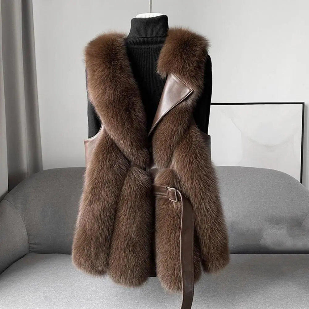 Fluffy Faux Fur Women Vest Sleeveless Button Closure Belt Decor Plush Fuax Fox Fur Elegat Women Winter Waistcoat Fur Waistcoat