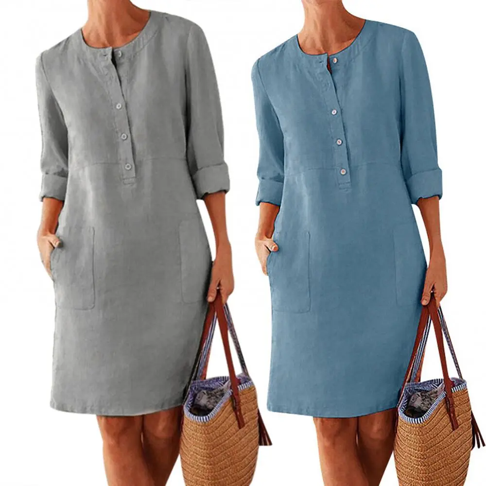 2025 Cotton And Linen Women Dres Casual Long Sleeve Buttons Pockets Linen Loose Knee-length Dress Bohemian style Midi dress