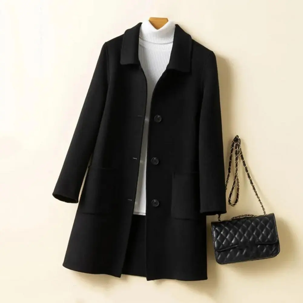 Women Woolen Coat Women Winter Coat Thick Cold Resistant Women's Mid Length Coat Lapel Single-breasted Closure Pockets Trench