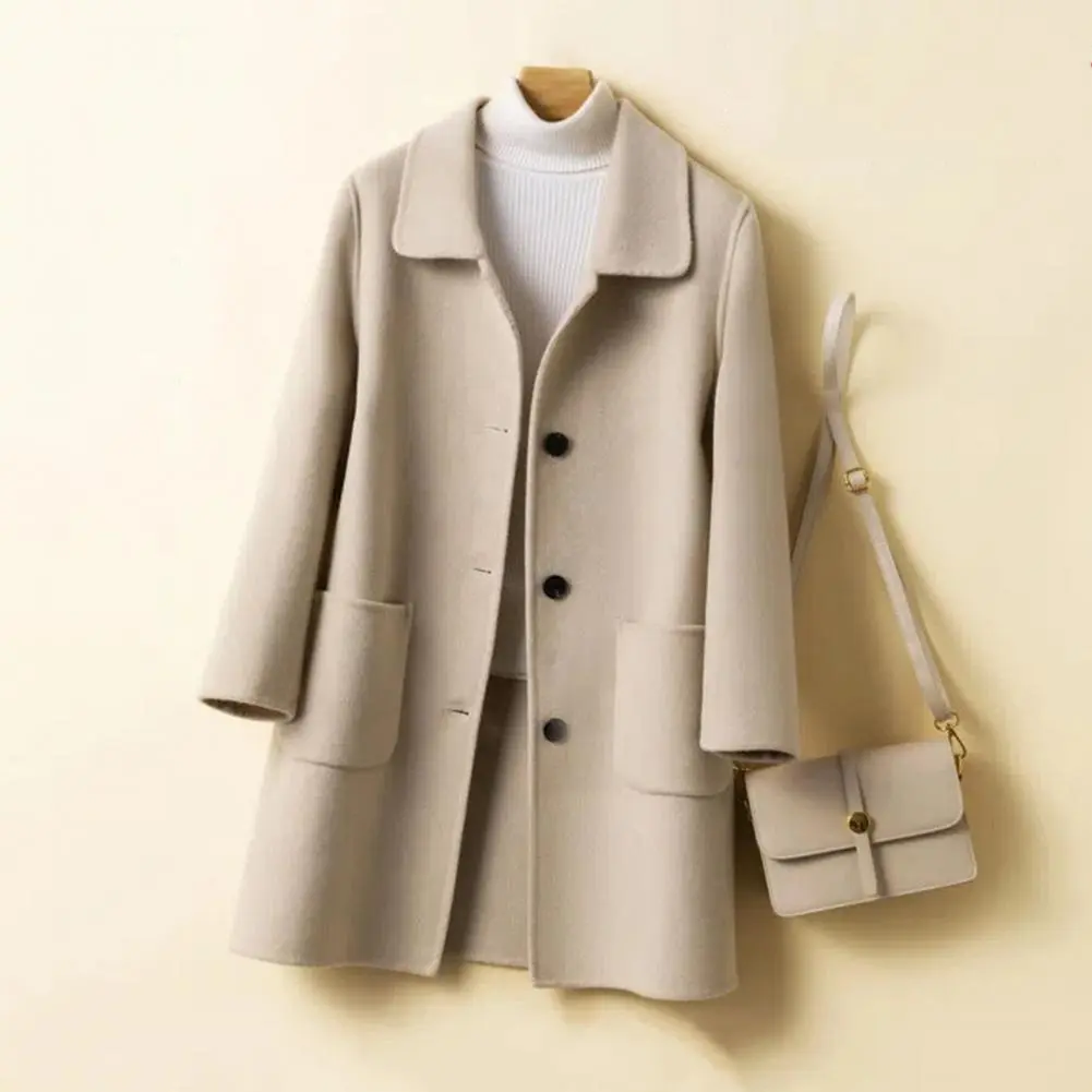 Women Woolen Coat Women Winter Coat Thick Cold Resistant Women's Mid Length Coat Lapel Single-breasted Closure Pockets Trench