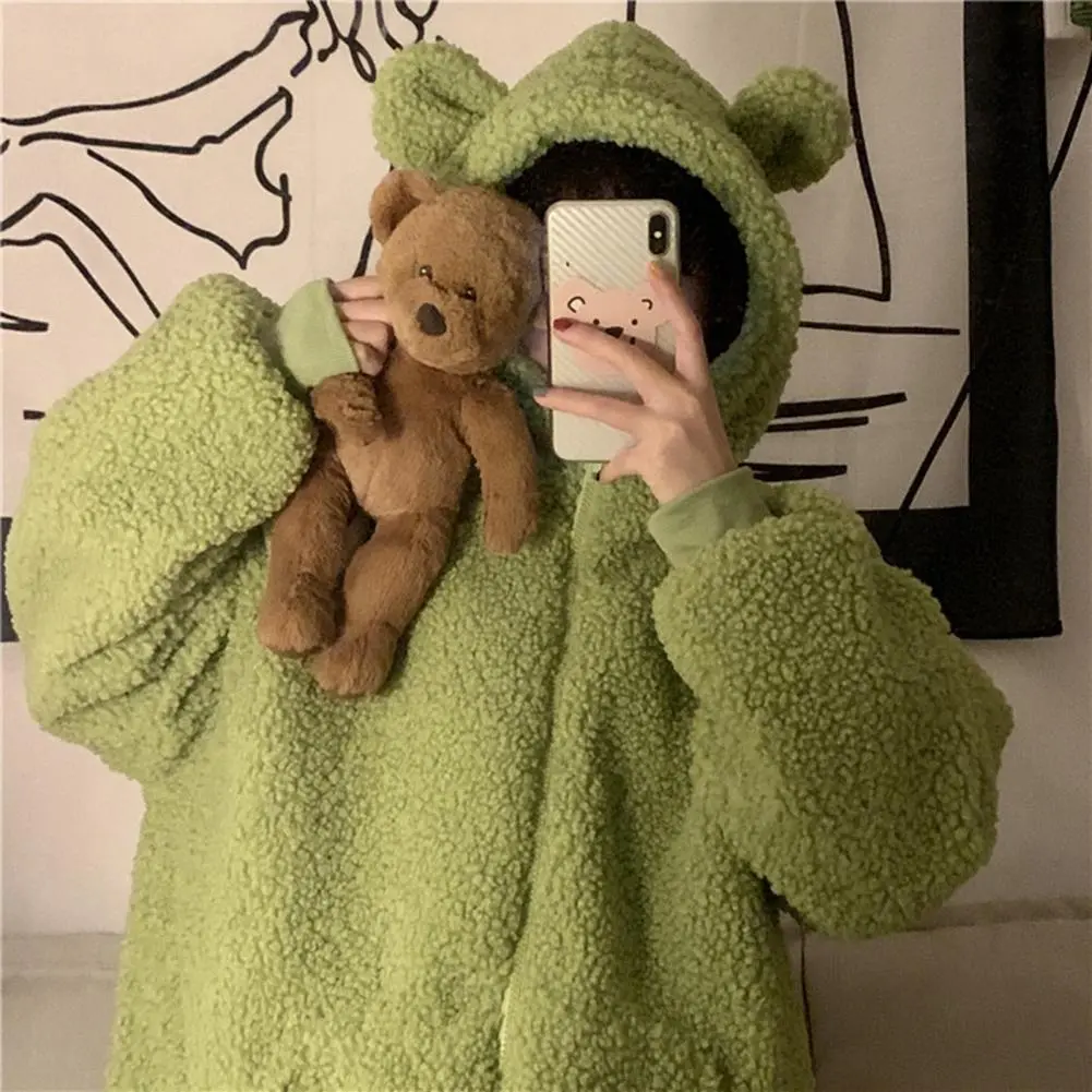 Bear Ears Decor Hooded Fleece Jacket Long Sleeve Pockets Zipper Closure Fluffy Coat Imitation Lambswool Warm Cardigan Jacket