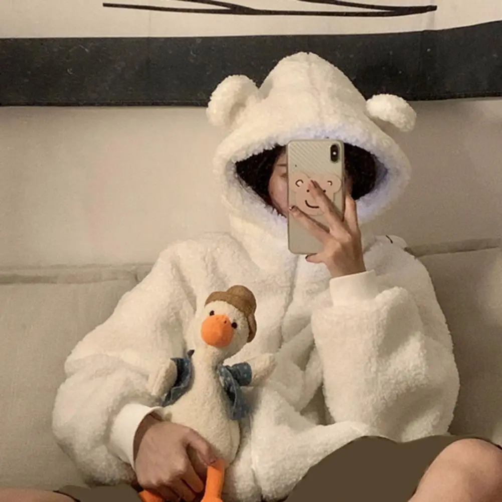 Bear Ears Decor Hooded Fleece Jacket Long Sleeve Pockets Zipper Closure Fluffy Coat Imitation Lambswool Warm Cardigan Jacket
