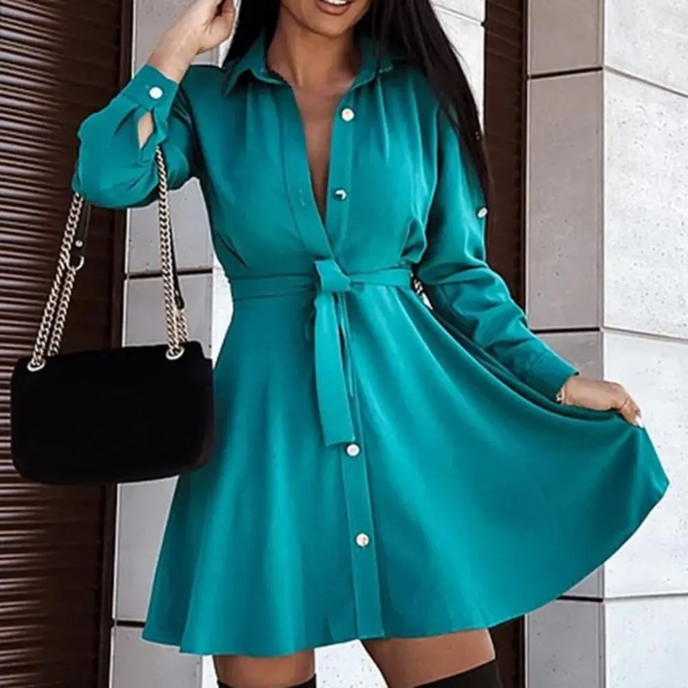 Women Mini Dress Turn-Down Collar Long Sleeve Belt Women Dress Lace Up Single Breasted Shirt Dress Female Slim Fit Party Dresses