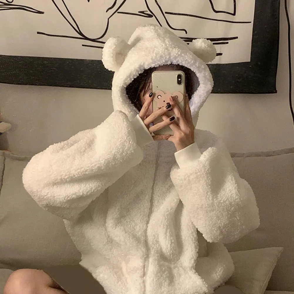 Bear Ears Decor Hooded Fleece Jacket Long Sleeve Pockets Zipper Closure Fluffy Coat Imitation Lambswool Warm Cardigan Jacket