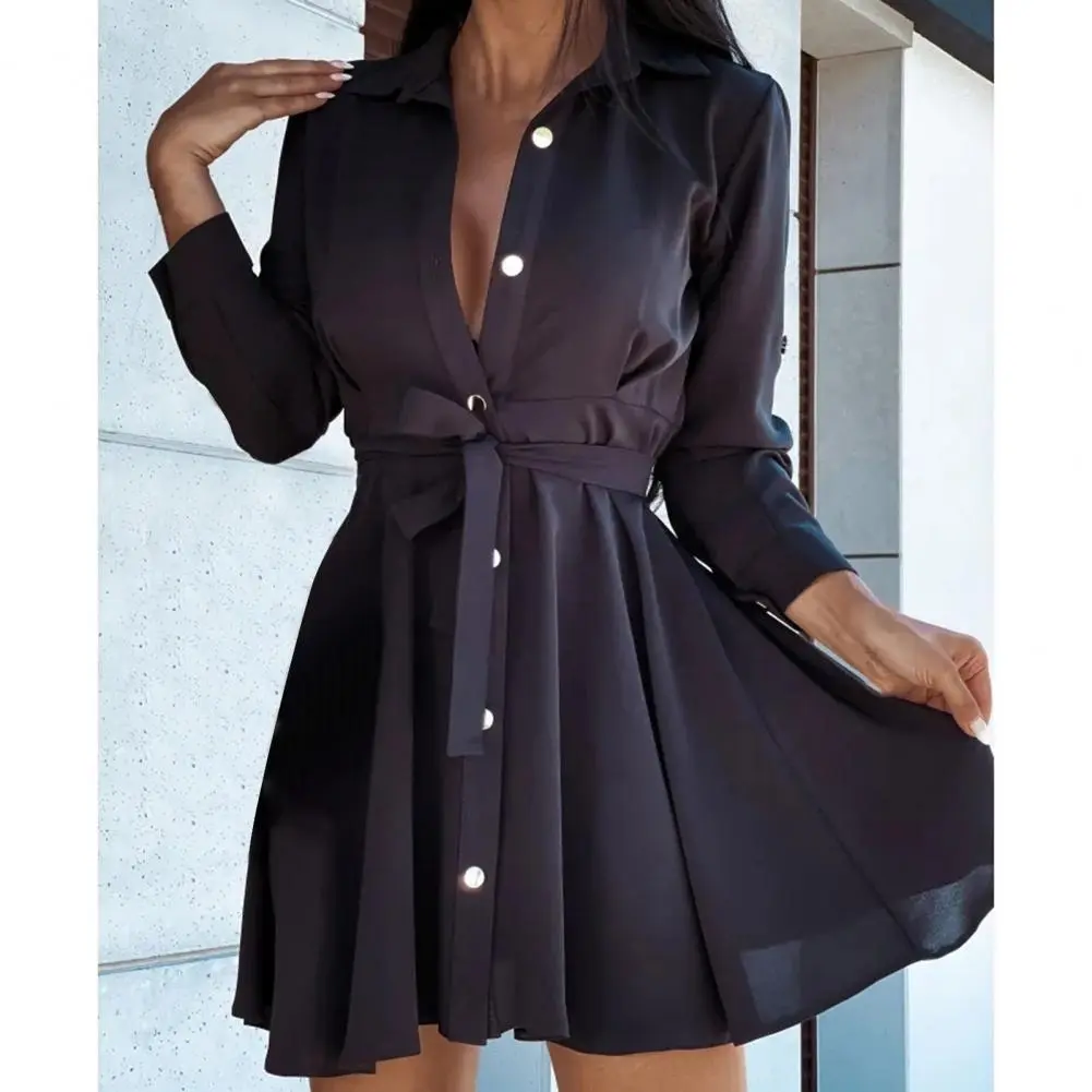 Women Mini Dress Turn-Down Collar Long Sleeve Belt Women Dress Lace Up Single Breasted Shirt Dress Female Slim Fit Party Dresses
