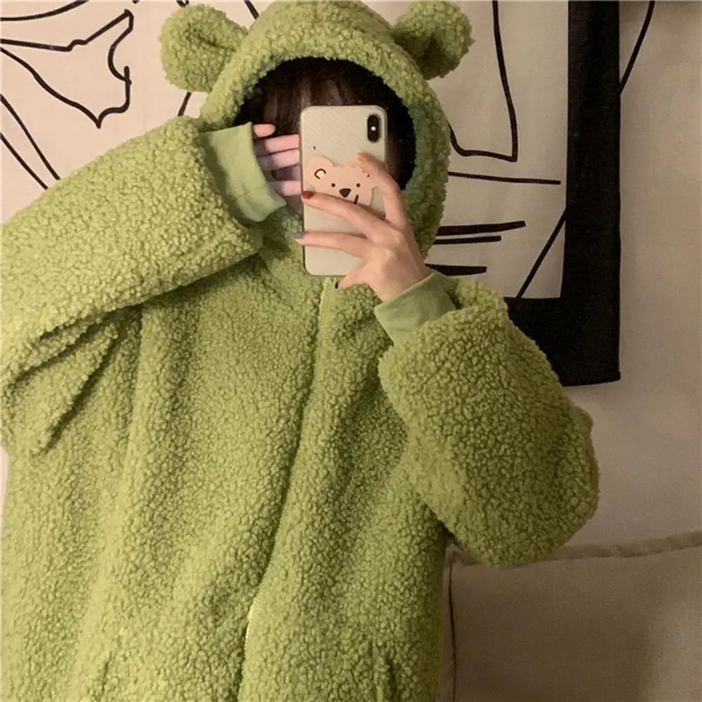 Bear Ears Decor Hooded Fleece Jacket Long Sleeve Pockets Zipper Closure Fluffy Coat Imitation Lambswool Warm Cardigan Jacket