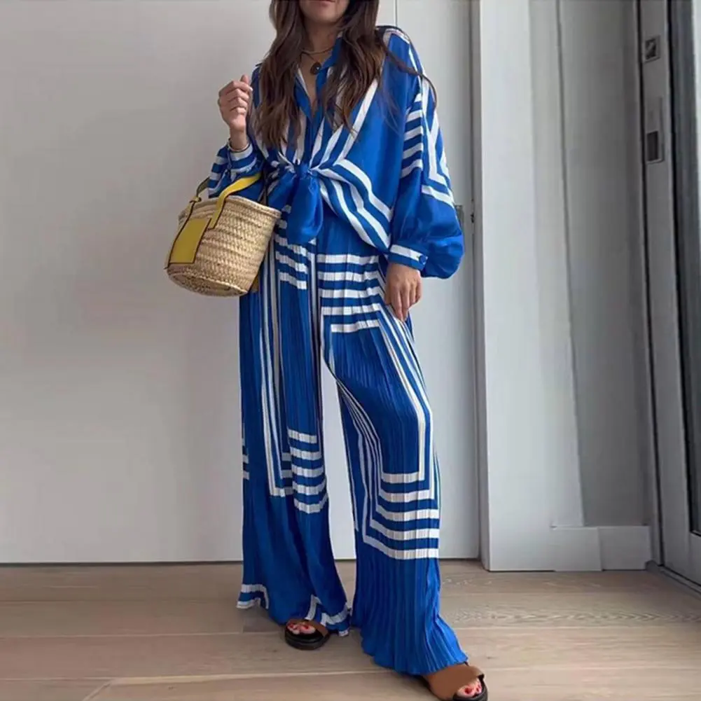 Women Shirt Pants Set Stripe Print Pleated Casual Two-piece Set Chic Women's Lapel Lantern Shirt Lace-up Sleeves Casual Outfit