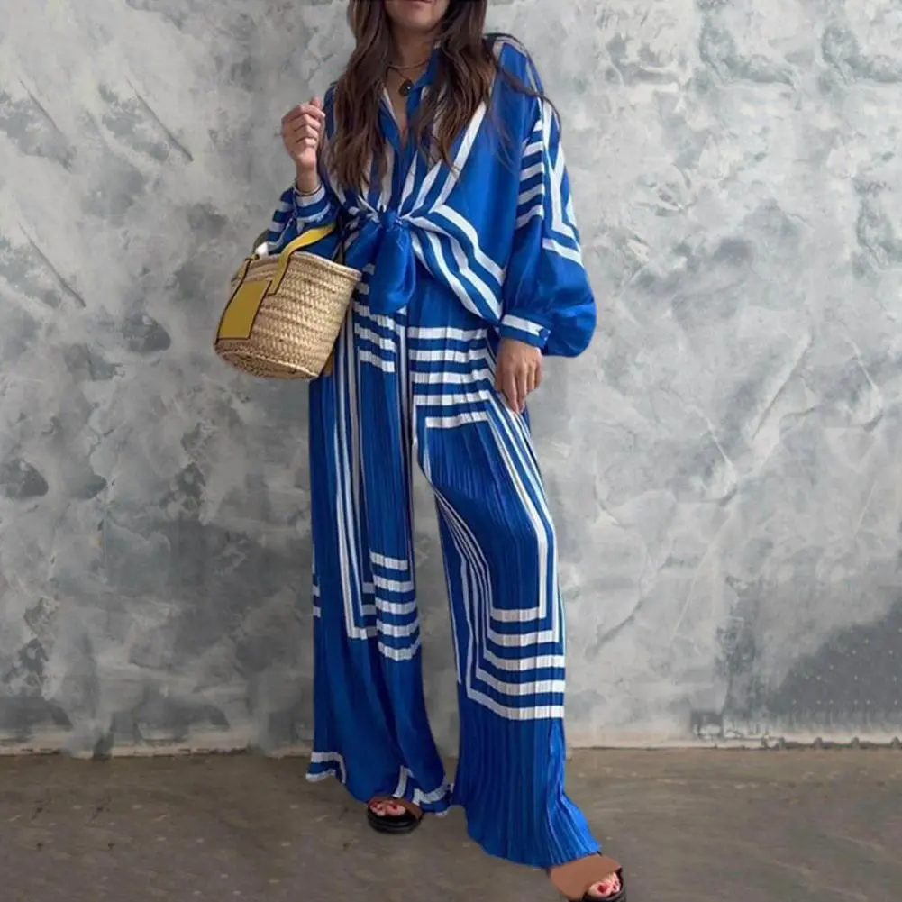 Women Shirt Pants Set Stripe Print Pleated Casual Two-piece Set Chic Women's Lapel Lantern Shirt Lace-up Sleeves Casual Outfit