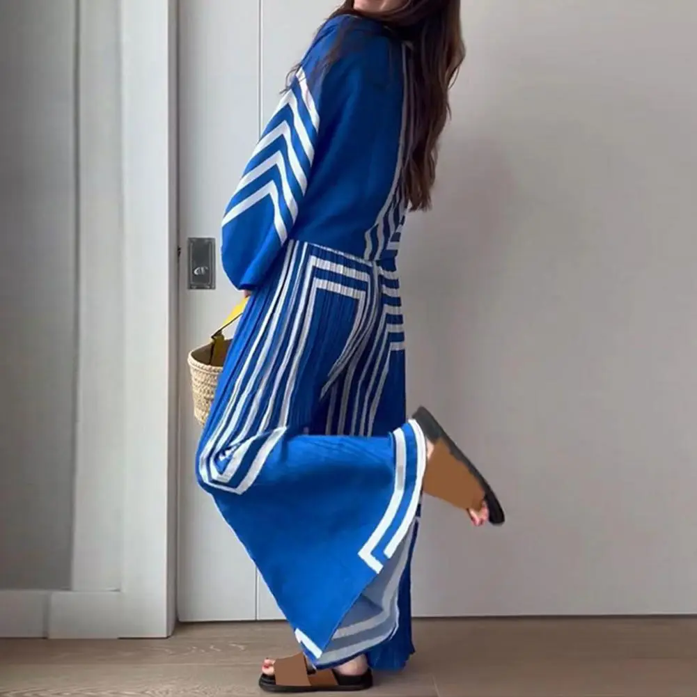Women Shirt Pants Set Stripe Print Pleated Casual Two-piece Set Chic Women's Lapel Lantern Shirt Lace-up Sleeves Casual Outfit