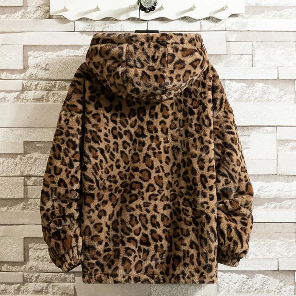 Leopard Print Hooded Jacket Thickened Fleece Men Jacket Coat Faux Fur Fluffy Coat Loose Plush Coat Double-sided Plush Outerwear