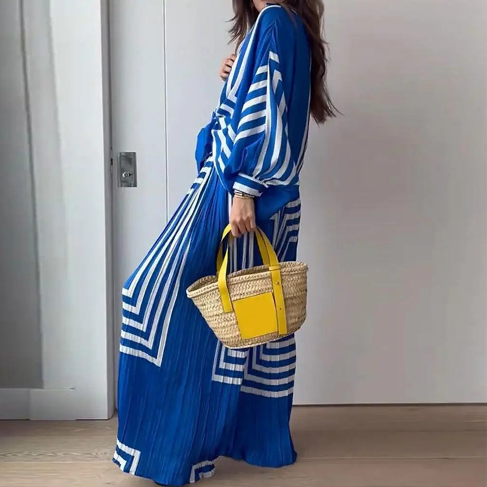 Women Shirt Pants Set Stripe Print Pleated Casual Two-piece Set Chic Women's Lapel Lantern Shirt Lace-up Sleeves Casual Outfit