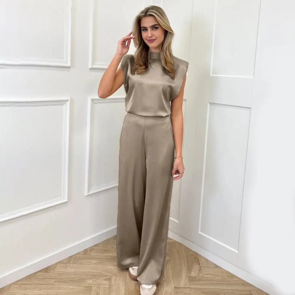 Women's Backless Satin Jumpsuit High Waist Wide Leg Pants Romper Summer Crewneck Sleeveless Charming Overalls Lady Jumpsuit