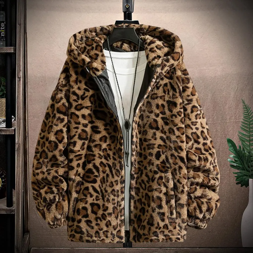 Leopard Print Hooded Jacket Thickened Fleece Men Jacket Coat Faux Fur Fluffy Coat Loose Plush Coat Double-sided Plush Outerwear