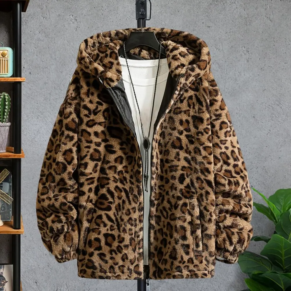 Leopard Print Hooded Jacket Thickened Fleece Men Jacket Coat Faux Fur Fluffy Coat Loose Plush Coat Double-sided Plush Outerwear
