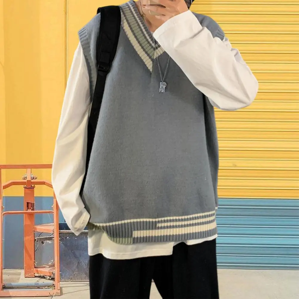 2025 Men Vest Sweater Pullover Color Matching Stripe Sleeveless Autumn Vest Sweater Loose Soft Elastic V Neck Men School Sweater