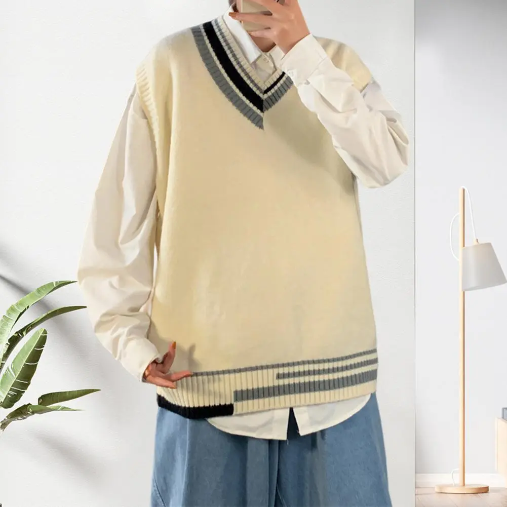 2025 Men Vest Sweater Pullover Color Matching Stripe Sleeveless Autumn Vest Sweater Loose Soft Elastic V Neck Men School Sweater