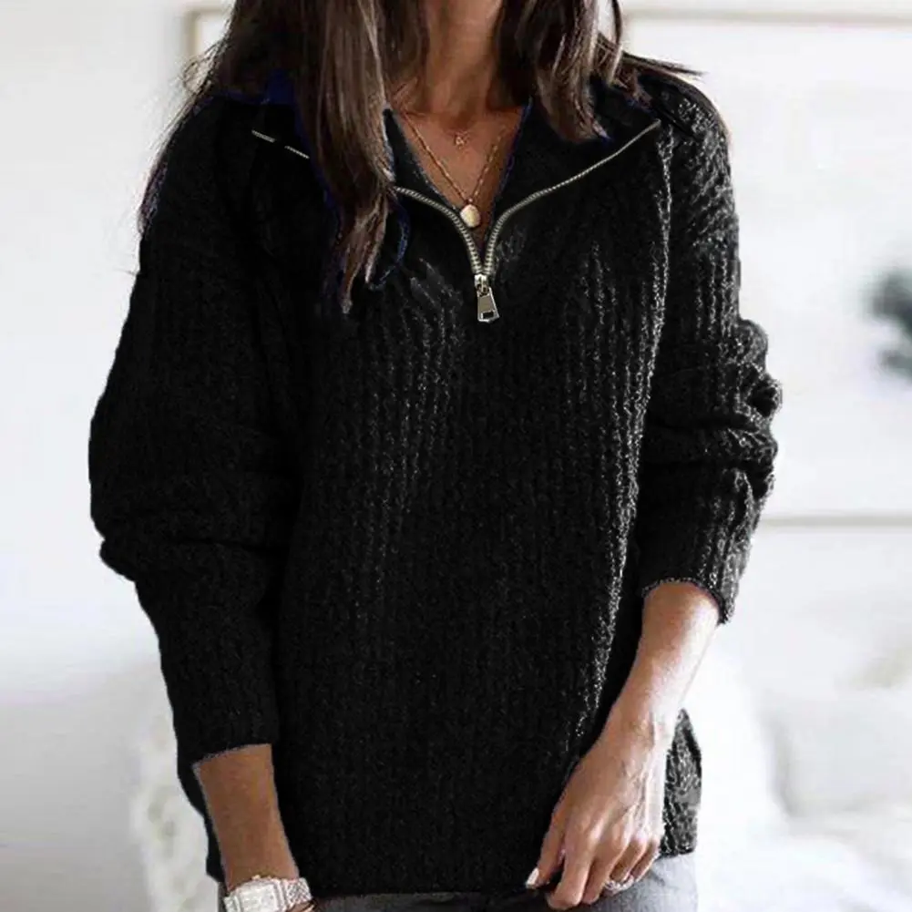 2025 Women Pullover Sweatshirt High Stand Collar Zipper Knitted Womens Long Sleeve Pullover Comfortable V-Neck Thermal Sweater