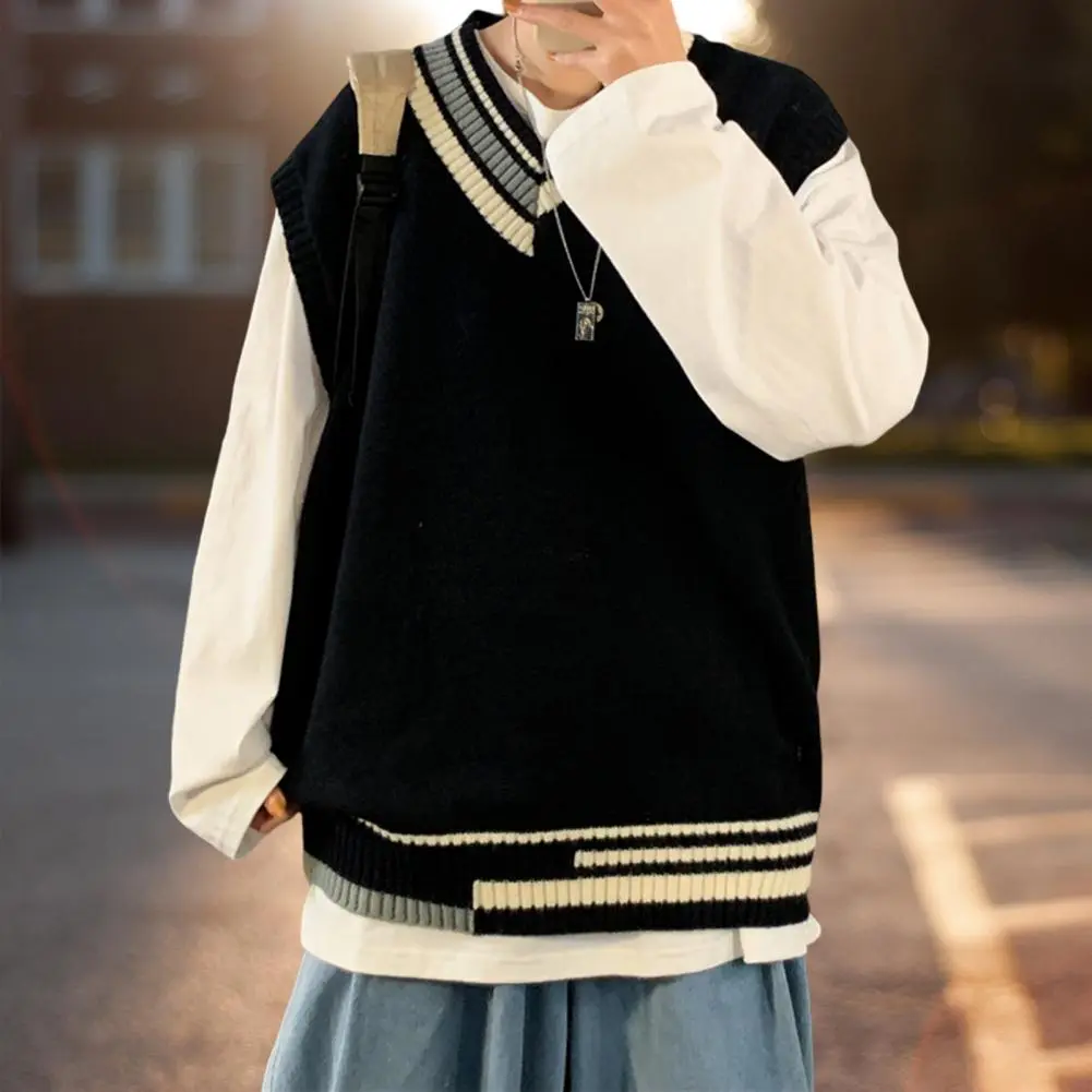 2025 Men Vest Sweater Pullover Color Matching Stripe Sleeveless Autumn Vest Sweater Loose Soft Elastic V Neck Men School Sweater