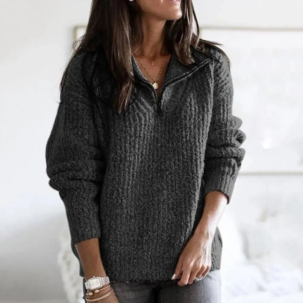 2025 Women Pullover Sweatshirt High Stand Collar Zipper Knitted Womens Long Sleeve Pullover Comfortable V-Neck Thermal Sweater