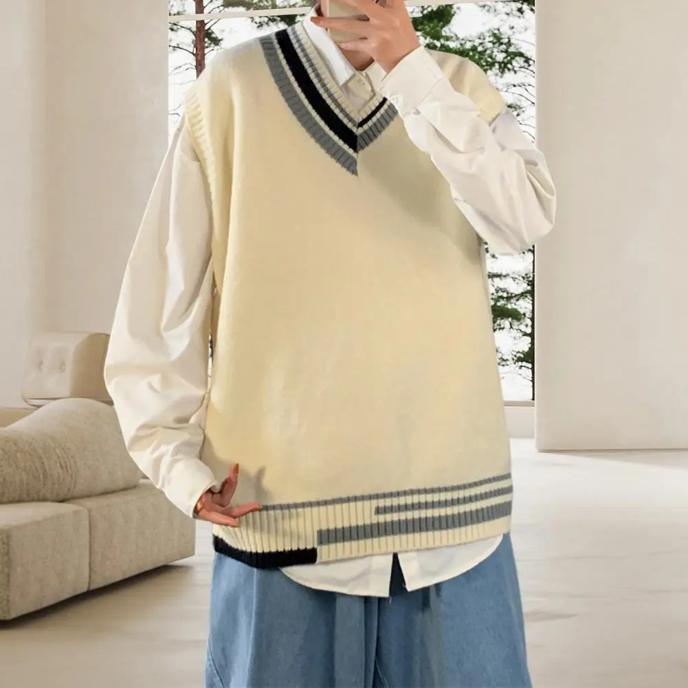 2025 Men Vest Sweater Pullover Color Matching Stripe Sleeveless Autumn Vest Sweater Loose Soft Elastic V Neck Men School Sweater