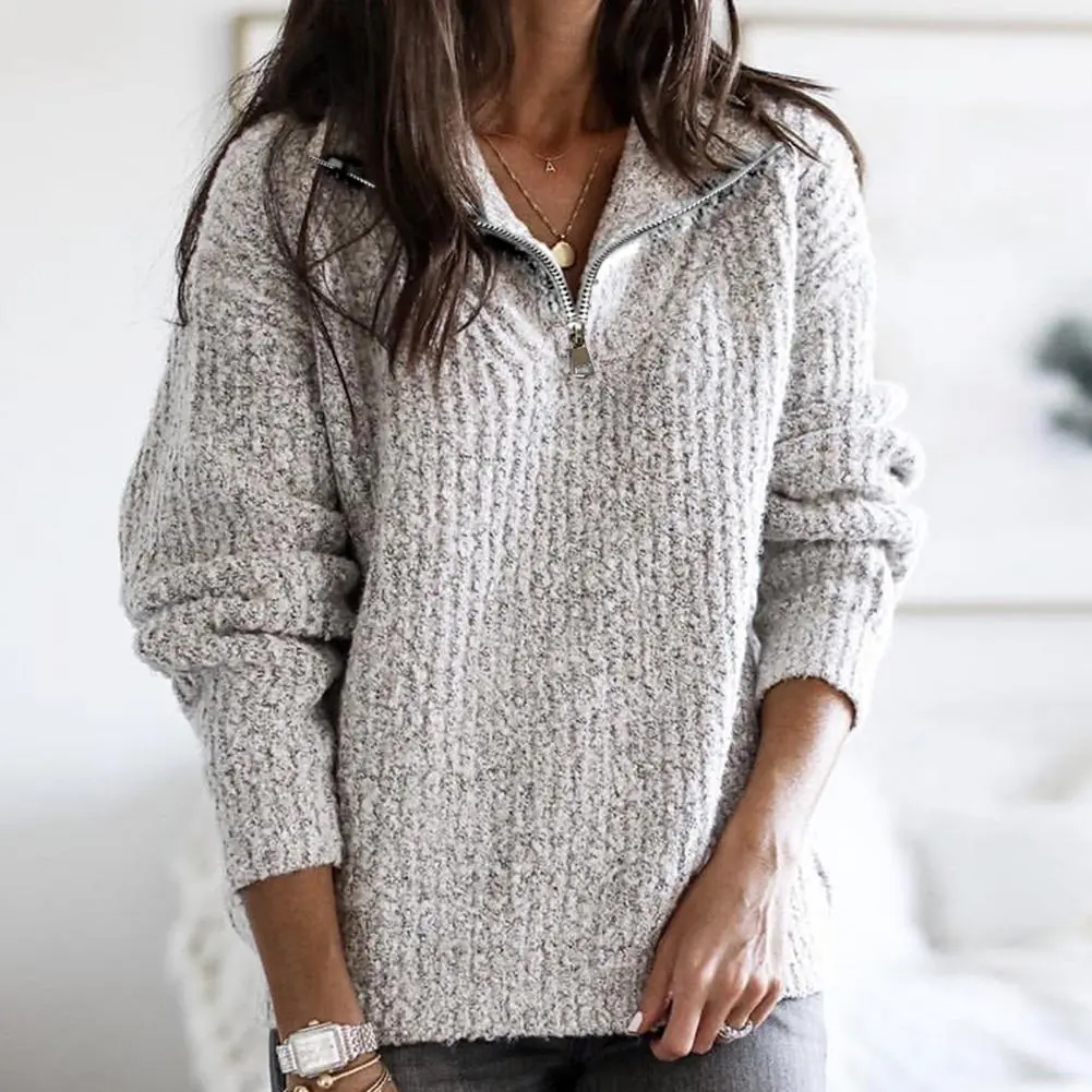 2025 Women Pullover Sweatshirt High Stand Collar Zipper Knitted Womens Long Sleeve Pullover Comfortable V-Neck Thermal Sweater