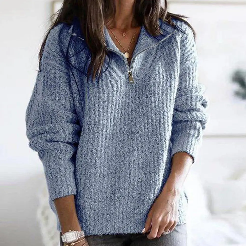 2025 Women Pullover Sweatshirt High Stand Collar Zipper Knitted Womens Long Sleeve Pullover Comfortable V-Neck Thermal Sweater