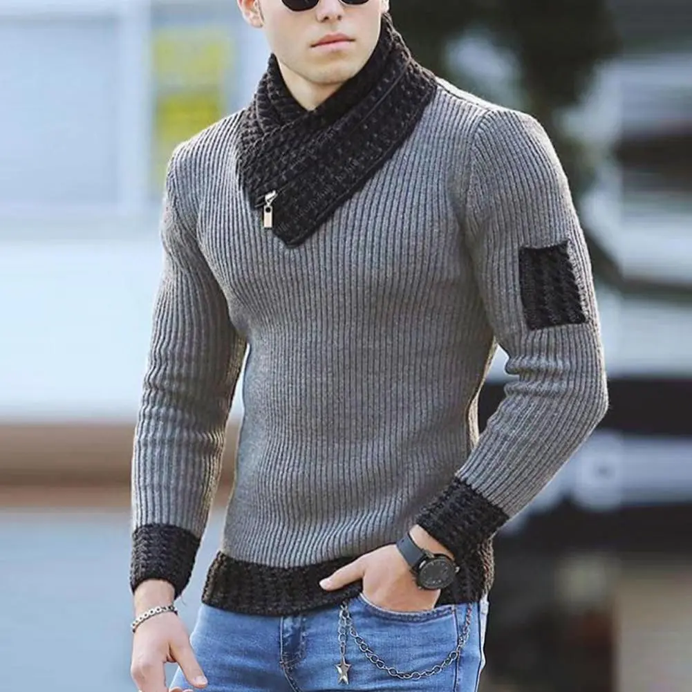 2025 MEN Knitted Sweater Long Sleeve Scarf Collar Men Sweater Color Block Slim Fit Casual Slim Fit V Neck Pullover Sweater