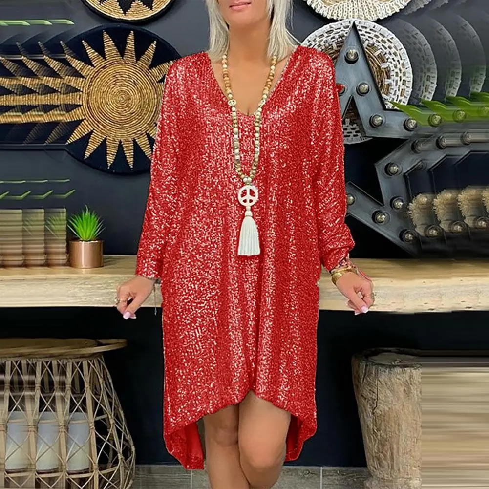 2025 Elegant Shiny Sequins Women Dress V-Neck Long Sleeve High-low Hem Autumn Dress Sequins Plus Size Casual Female Dress