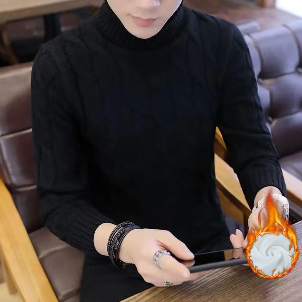 Turtleneck Twist Men Sweater Solid Color Pullover Knitted Warm Casual Turtleneck Sweatwear High Neck Woolen Sweater Pullover Top