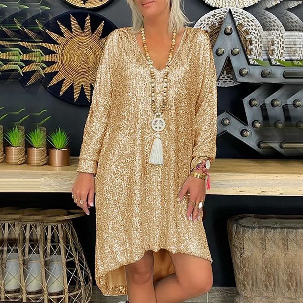 2025 Elegant Shiny Sequins Women Dress V-Neck Long Sleeve High-low Hem Autumn Dress Sequins Plus Size Casual Female Dress
