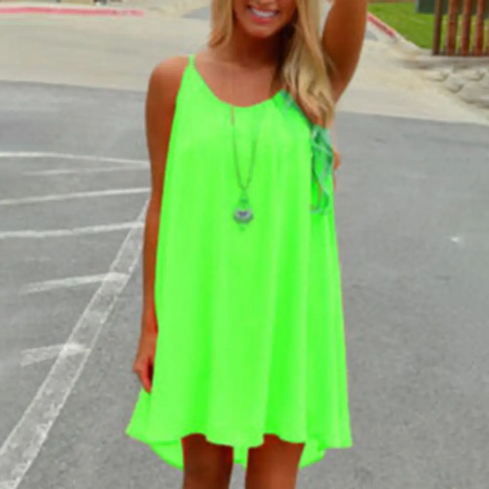 2025 Sling Chiffon Dress O-Neck Sleeveless Beach Dress Mesh Stitching Backless Bright Color Women Summer Suspenders Short Dress