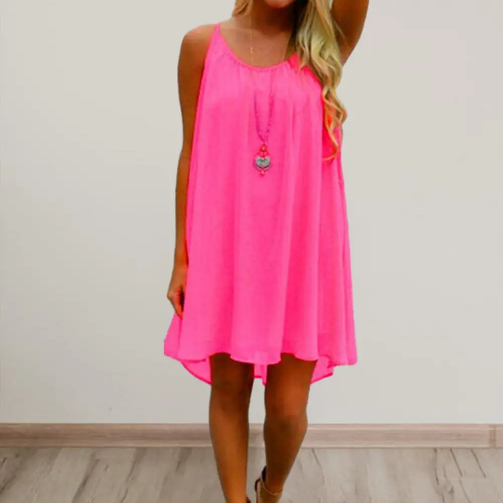 2025 Sling Chiffon Dress O-Neck Sleeveless Beach Dress Mesh Stitching Backless Bright Color Women Summer Suspenders Short Dress