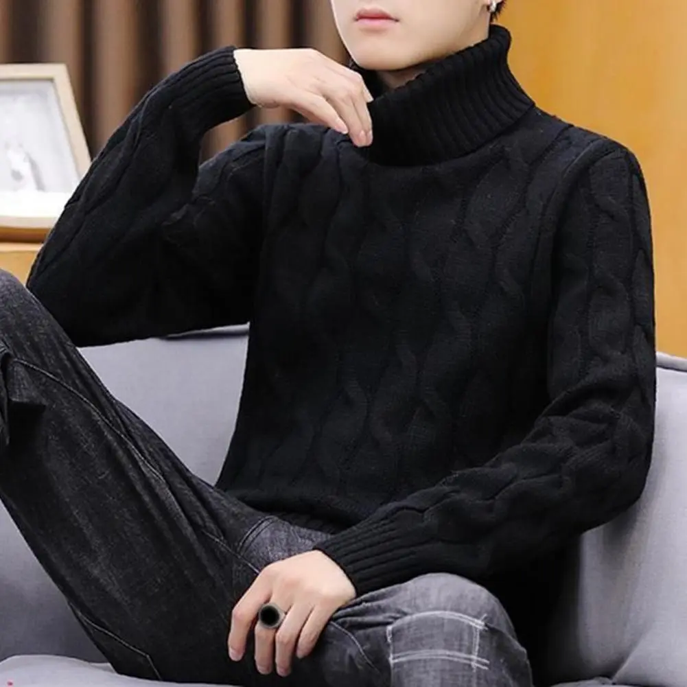 Turtleneck Twist Men Sweater Solid Color Pullover Knitted Warm Casual Turtleneck Sweatwear High Neck Woolen Sweater Pullover Top
