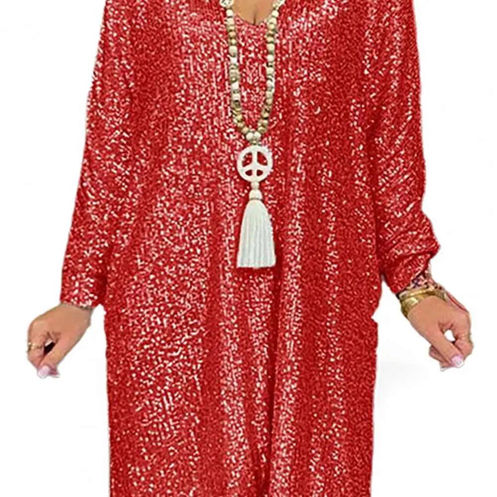 2025 Elegant Shiny Sequins Women Dress V-Neck Long Sleeve High-low Hem Autumn Dress Sequins Plus Size Casual Female Dress