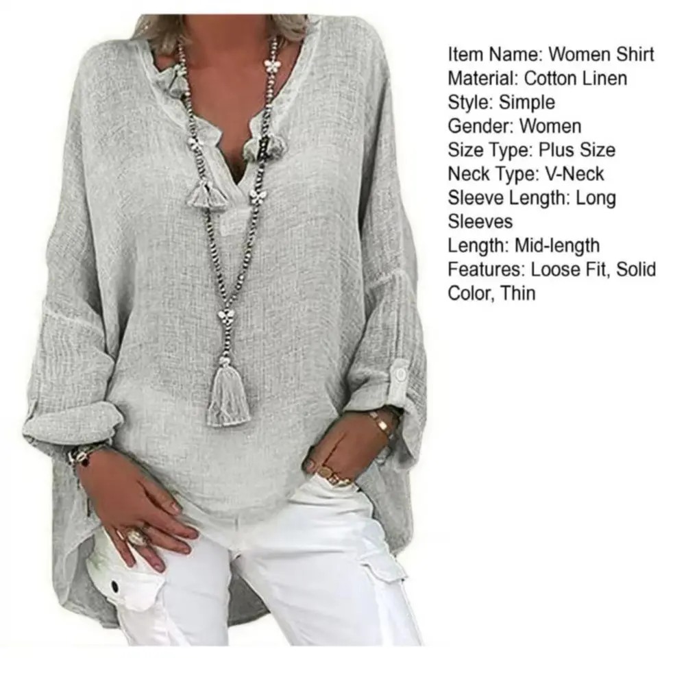 2025 V-neck Long Sleeved Casual T-shirt Top Women Shirt V-Neck Long Sleeve Mid-length Casual Tops Loose Cotton Linen Tee Shirt
