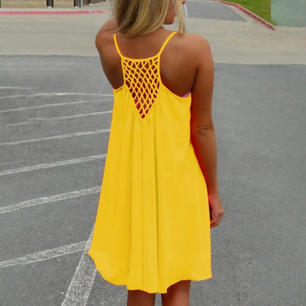 2025 Sling Chiffon Dress O-Neck Sleeveless Beach Dress Mesh Stitching Backless Bright Color Women Summer Suspenders Short Dress