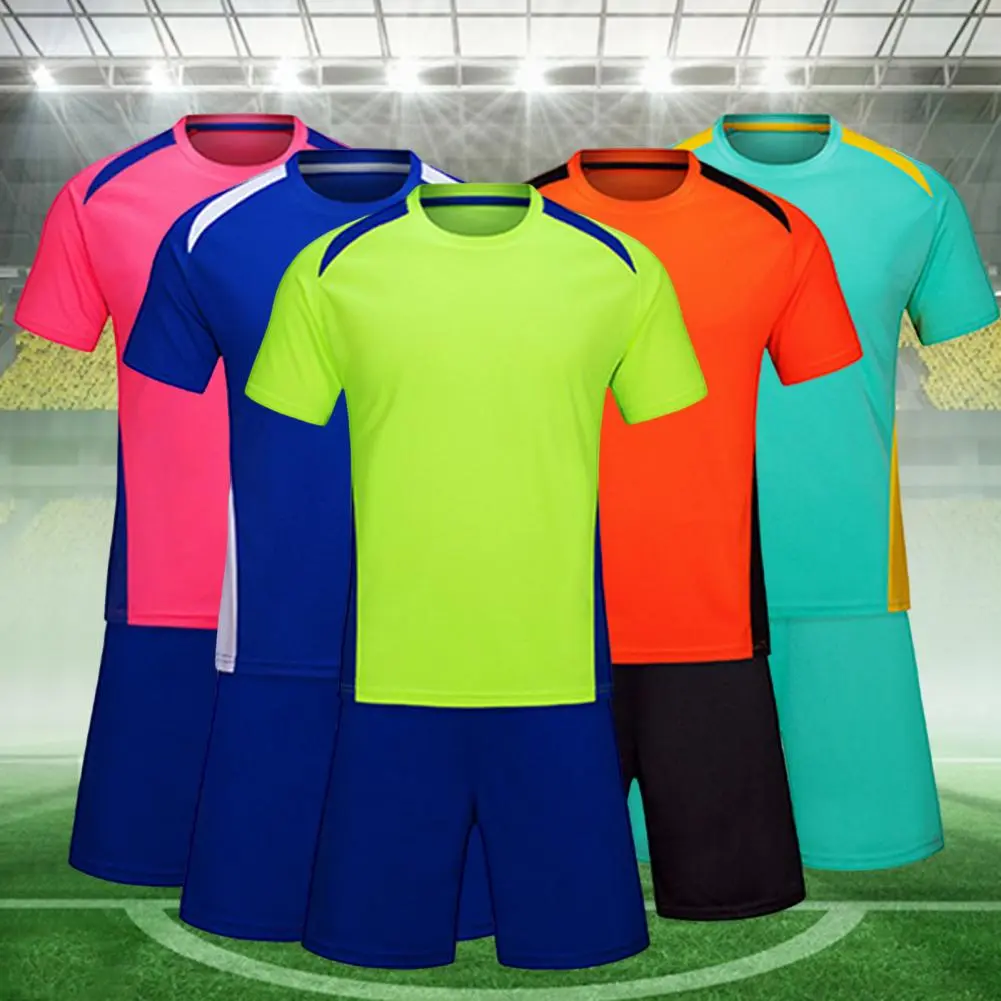 2025 1 Set Unisex Sports T-shirt Shorts Contrast Color Sweat Wicking Sportswear Adult Soccer Jersey Sports Training Uniform