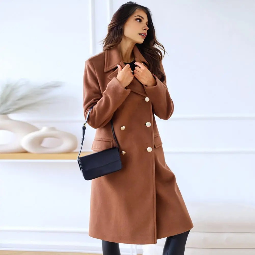 2025 Women Winter Overcoat Turn-down Collar Pockets Pure Color Double-breasted Cardigan Thermal Women Formal Long Commuting Coat
