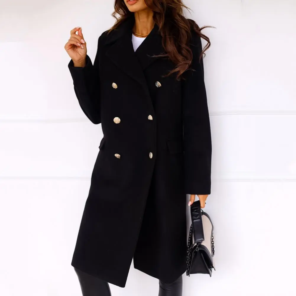 2025 Women Winter Overcoat Turn-down Collar Pockets Pure Color Double-breasted Cardigan Thermal Women Formal Long Commuting Coat