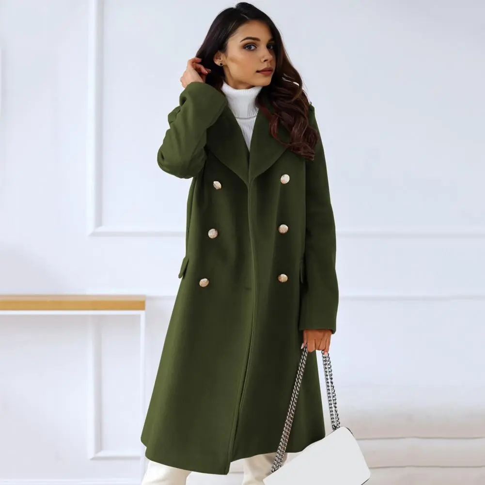 2025 Women Winter Overcoat Turn-down Collar Pockets Pure Color Double-breasted Cardigan Thermal Women Formal Long Commuting Coat