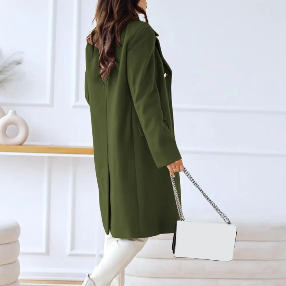 2025 Women Winter Overcoat Turn-down Collar Pockets Pure Color Double-breasted Cardigan Thermal Women Formal Long Commuting Coat