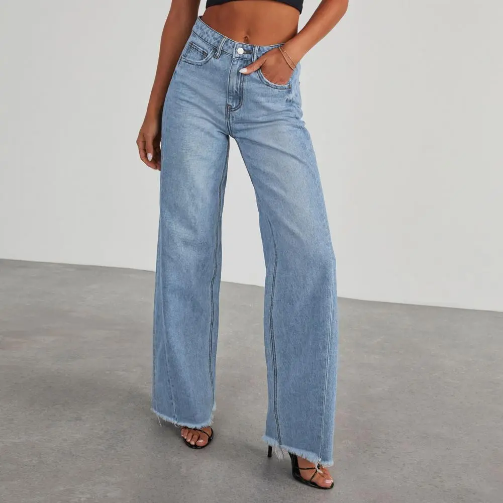 Women's Denim Pants High Waist Wide Leg Jeans Casual Straight Leg Frayed Hem Jean Trousers With Pockets Women Slim Fit Jeans