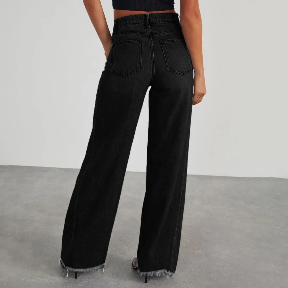Women's Denim Pants High Waist Wide Leg Jeans Casual Straight Leg Frayed Hem Jean Trousers With Pockets Women Slim Fit Jeans