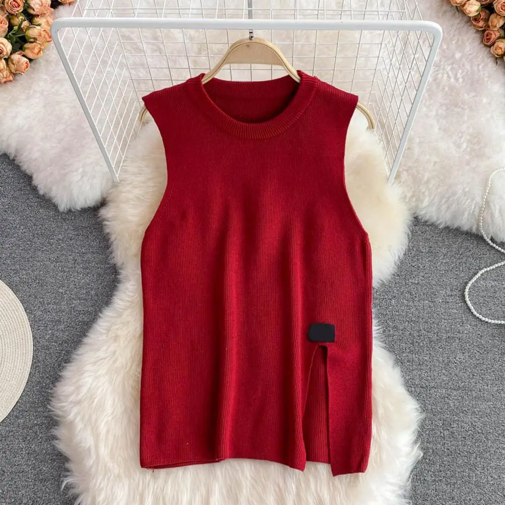 3Pcs/Set Women Shirt Vest Set O-neck Side Slit Knitting Vest Set with Belt Lapel Lantern Long Sleeve Single Breasted Shirt