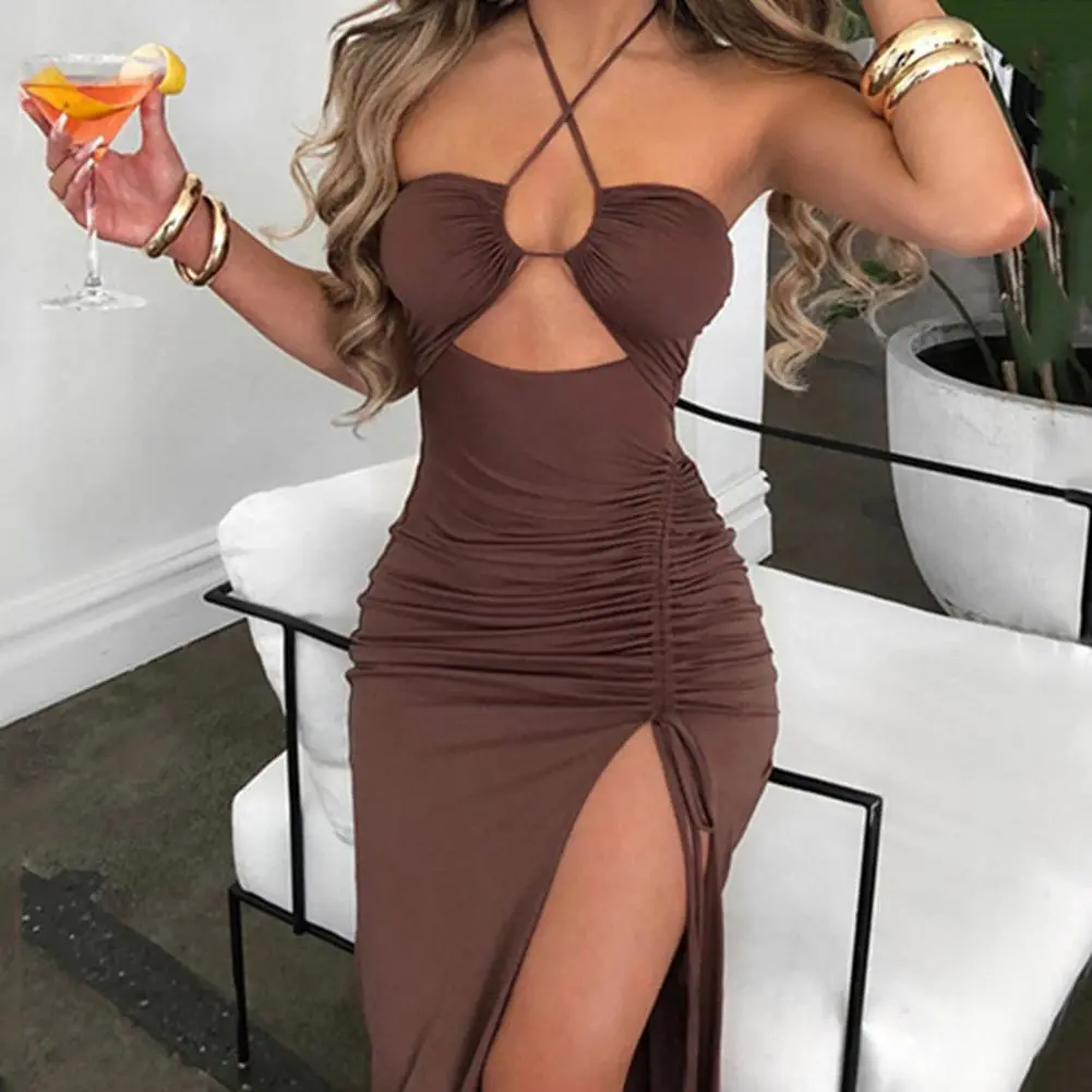 Sexy Halter Neck Maxi Dress Solid Color Maxi Dress Elegant Backless Sleeveless Skinny Exposed High Split Hem Club Party Dress